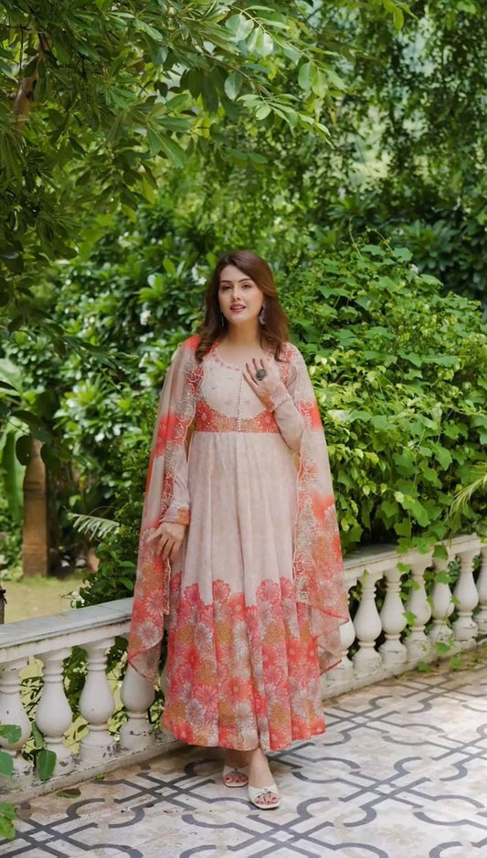 Peach Floral Anarkali Suit with Dupatta for Women