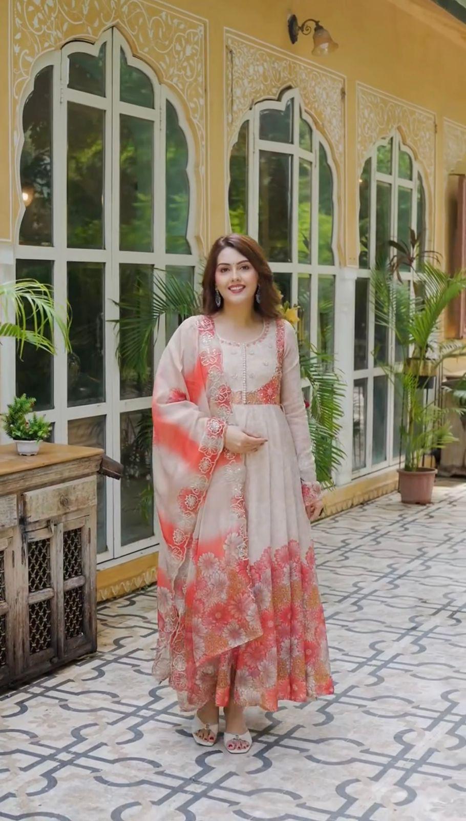 Peach Floral Anarkali Suit with Dupatta for Women