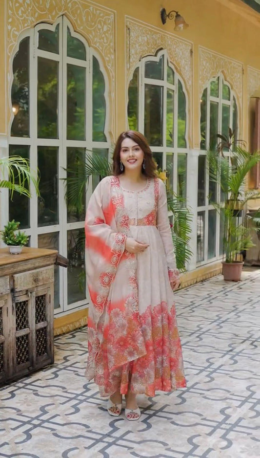 Peach Floral Anarkali Suit with Dupatta for Women