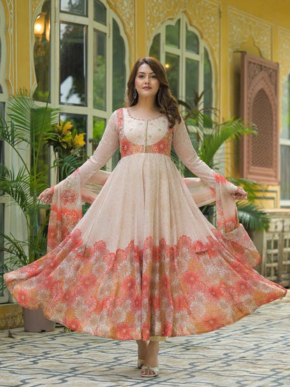 Peach Floral Anarkali Suit with Dupatta for Women
