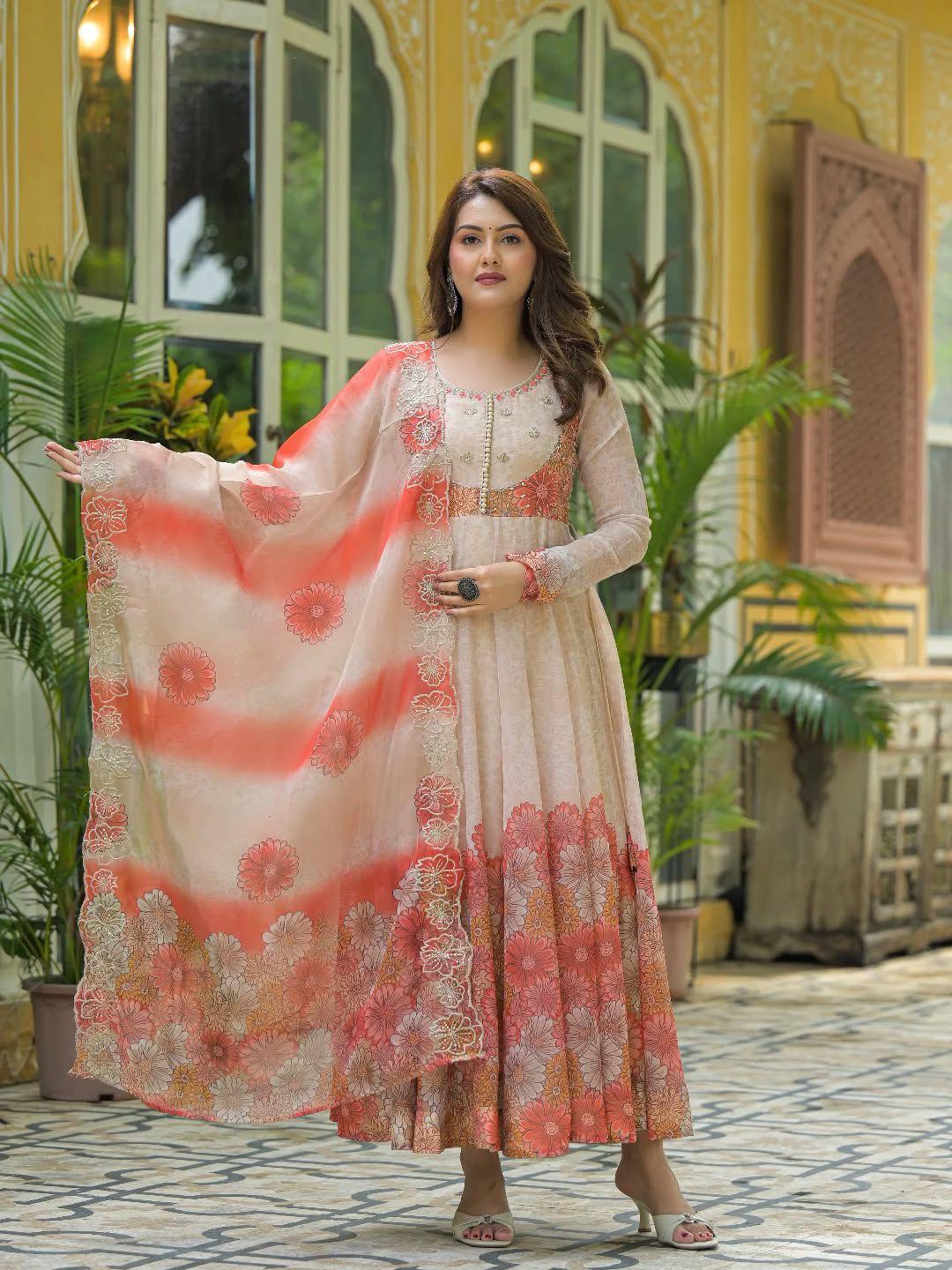 Peach Floral Anarkali Suit with Dupatta for Women