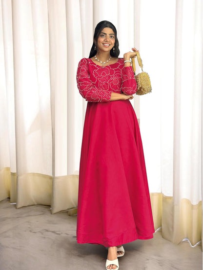 Pink Embroidered Gown with Pant for Women