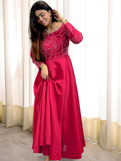 Pink Embroidered Gown with Pant for Women