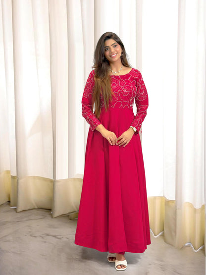 Pink Embroidered Gown with Pant for Women