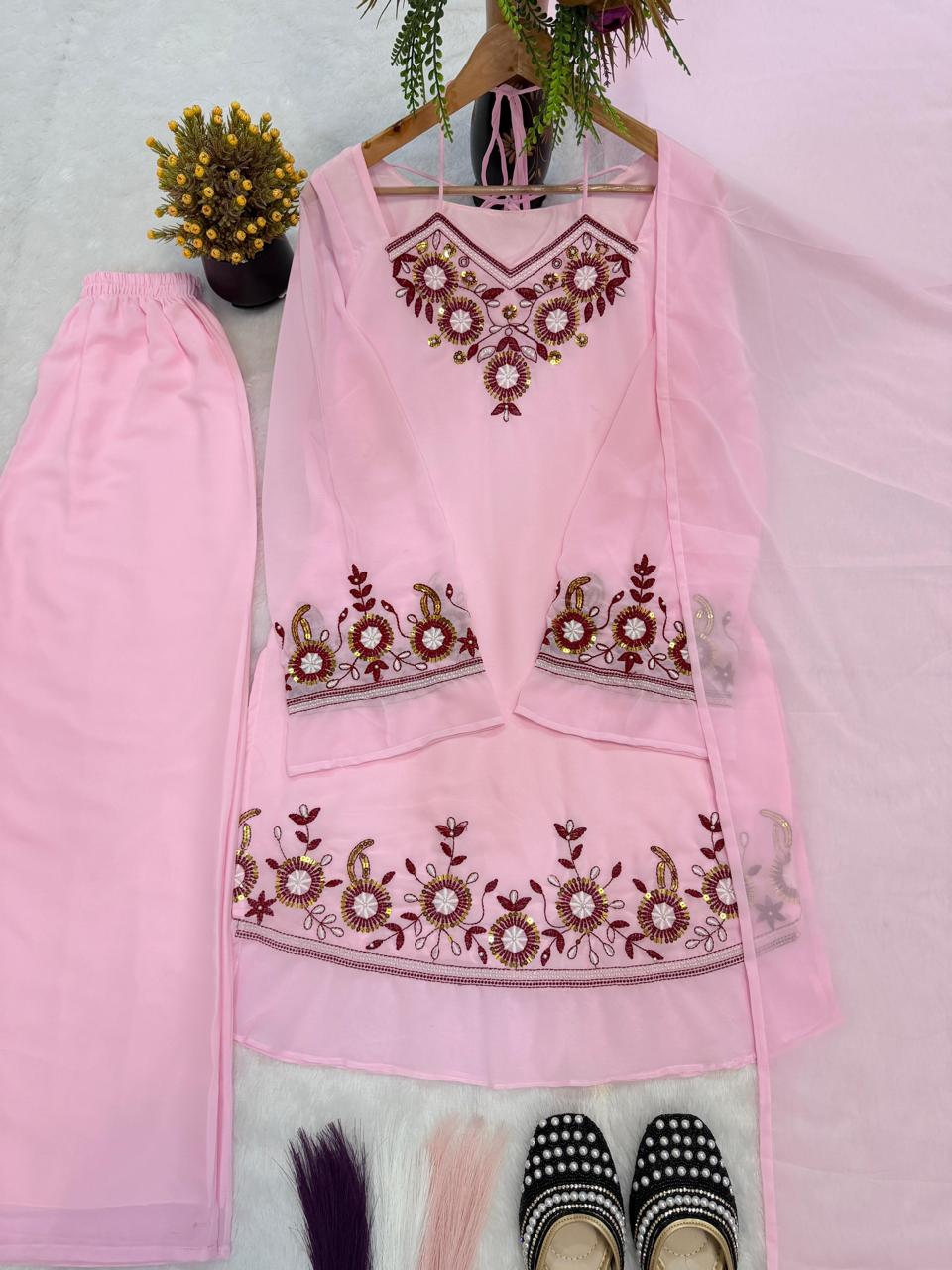 Pink Embroidered Silk Suit Set