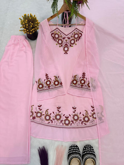 Pink Embroidered Silk Suit Set
