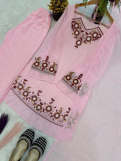Pink Embroidered Silk Suit Set