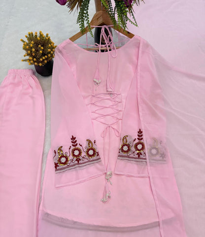 Pink Embroidered Silk Suit Set