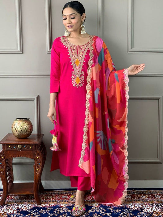 Pink Embroidered Suit Set with Printed Dupatta for Women