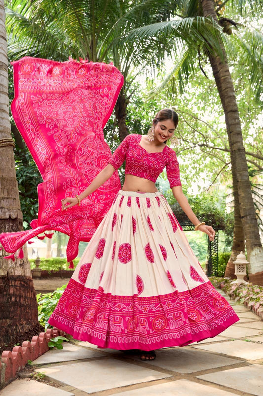 Pink Tasar Lehenga Choli with Bandhej Print
