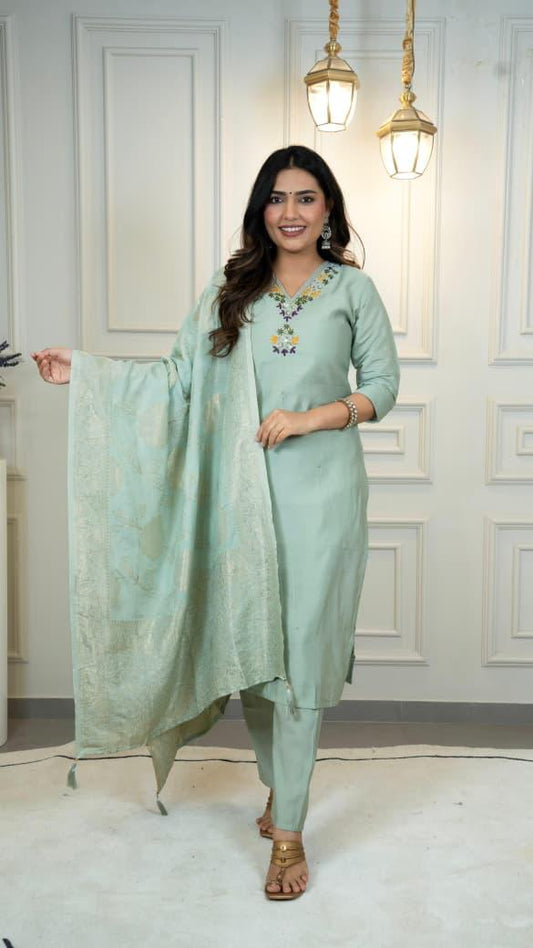 Premium Silk Kurti Pant Dupatta Set with Hand Work