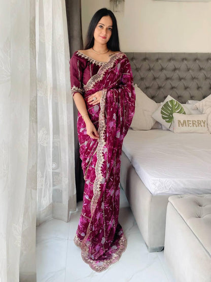 Premium Soft Digital Georgette Saree with Sequins Embroidery and Cutwork Border