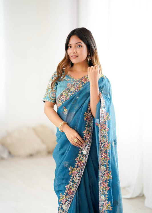 Premium Crunchy Silk Saree with Embroidery and Sequins