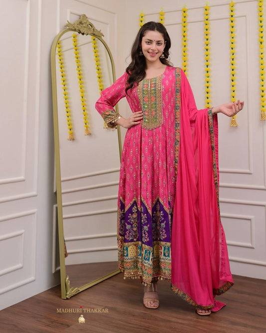 Printed Anarkali Kurta Set with Gota & Mirror Work