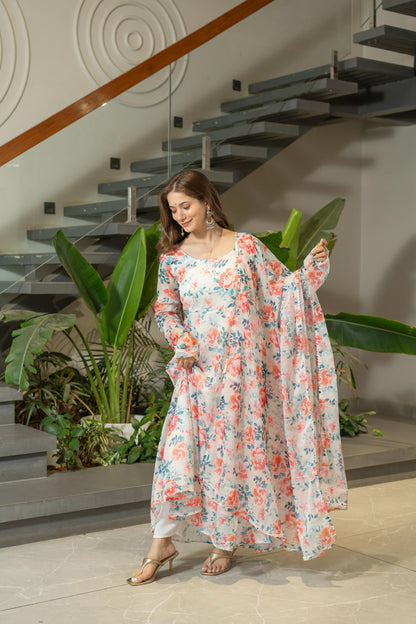 Pure Soft Floral Print White Gown for Women