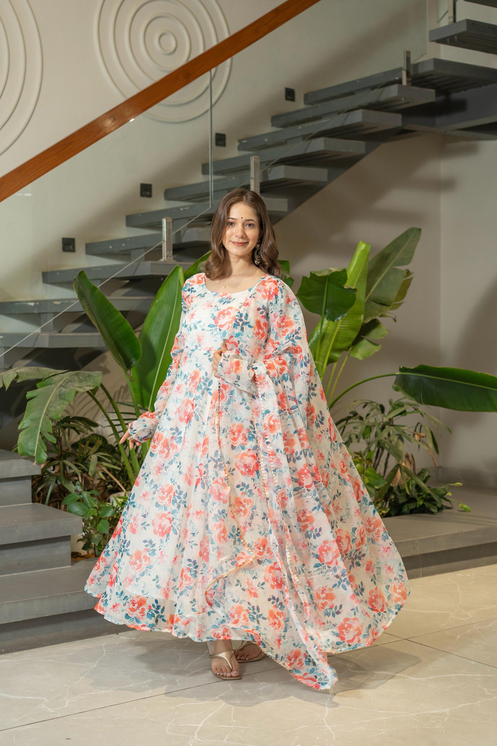 Pure Soft Floral Print White Gown for Women