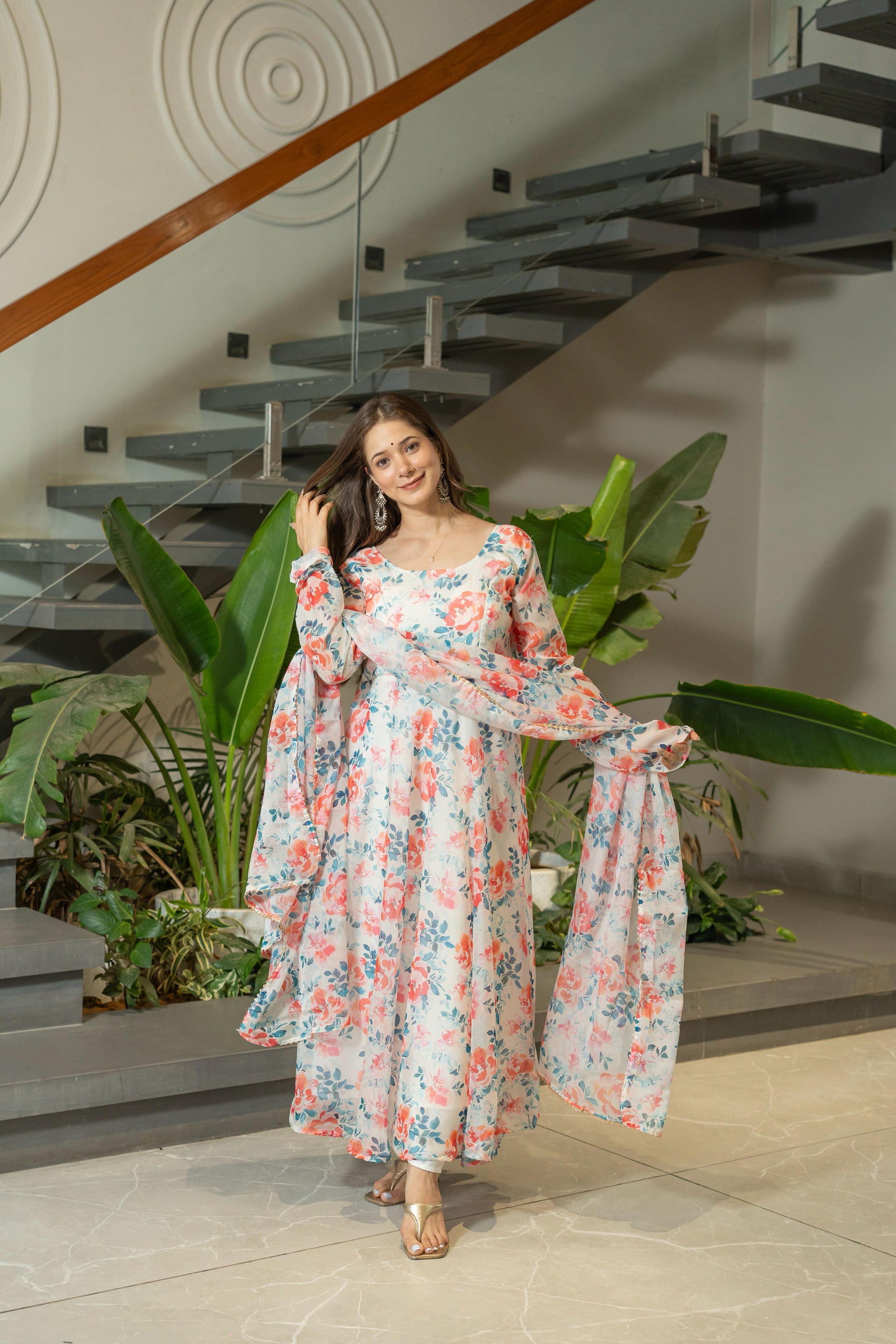 Pure Soft Floral Print White Gown for Women