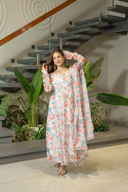 Pure Soft Floral Print White Gown for Women