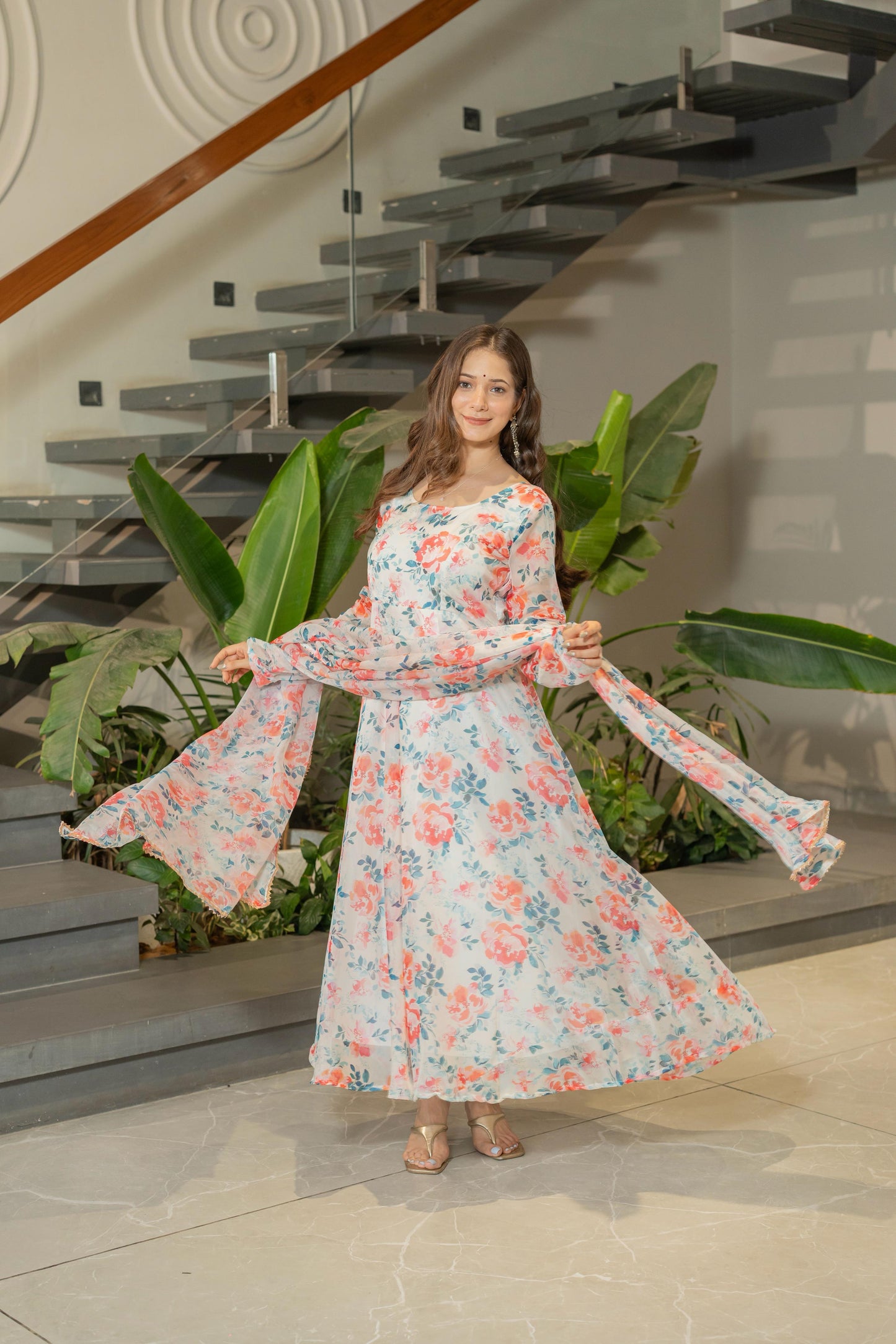 Pure Soft Floral Print White Gown for Women