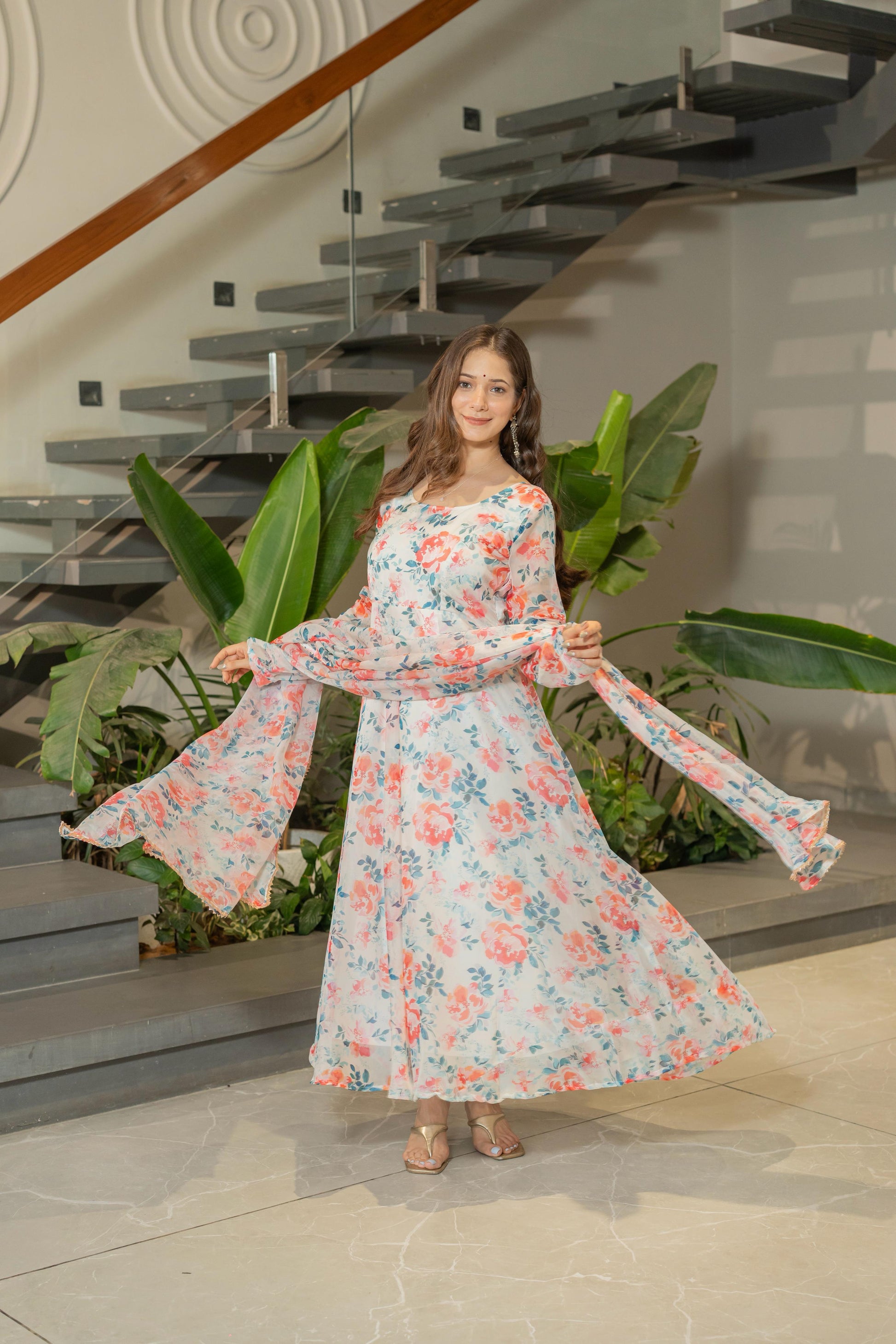 Pure Soft Floral Print White Gown for Women