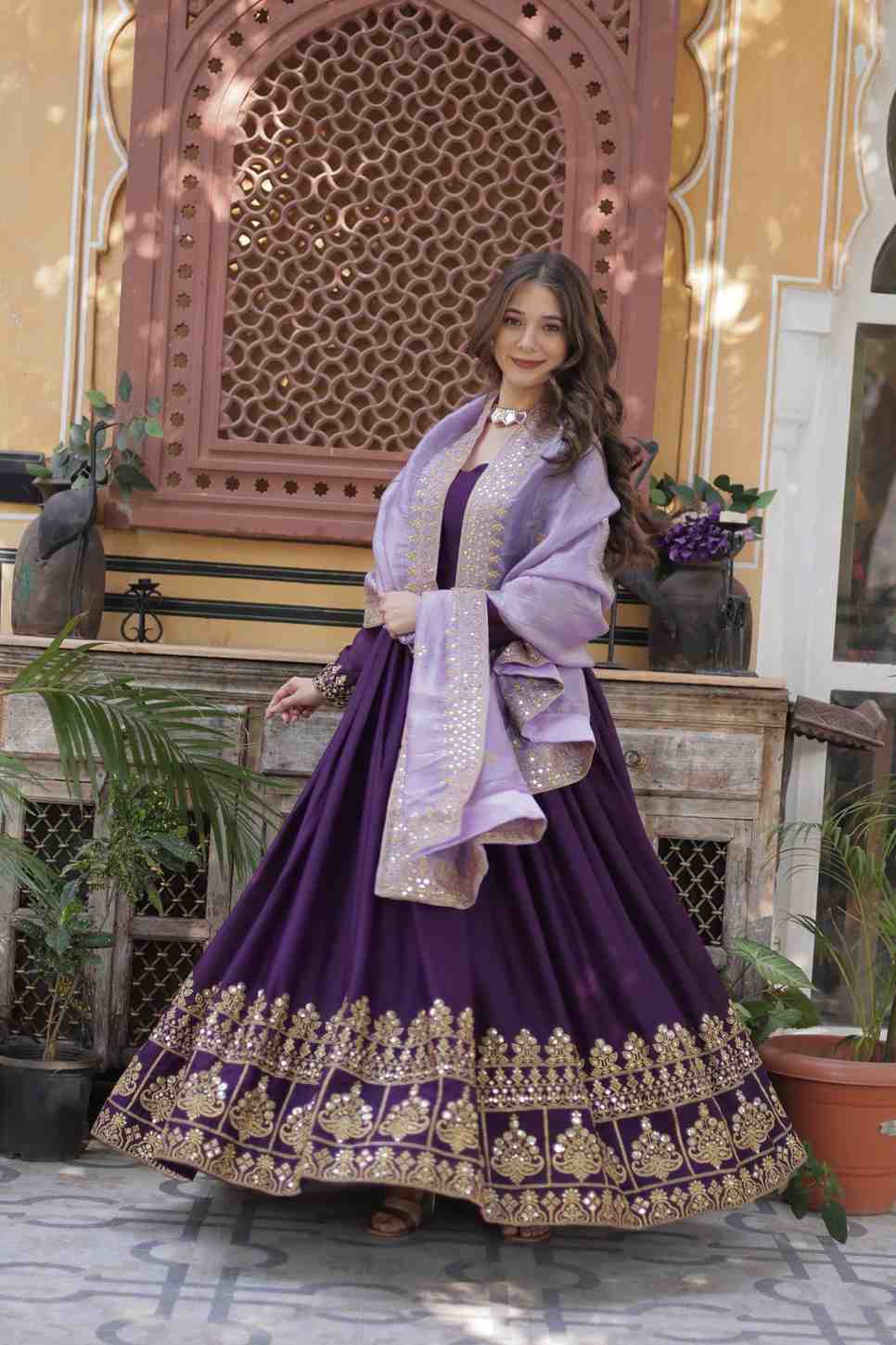 Purple Anarkali Dress with Embroidered Dupatta