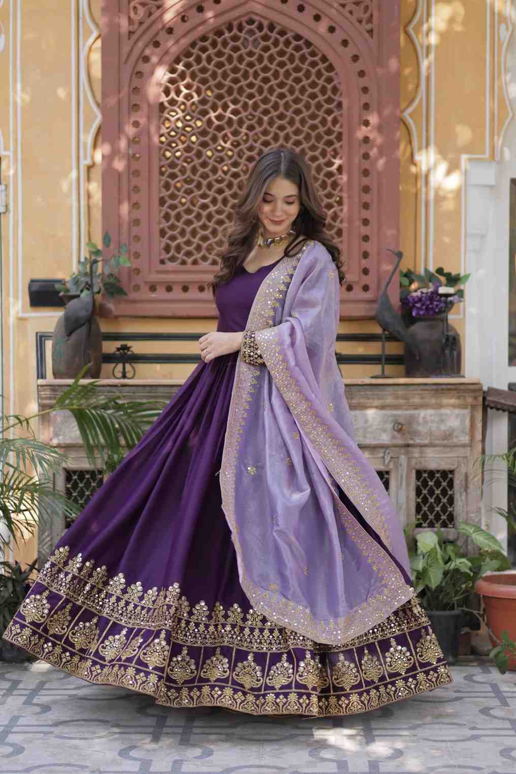 Purple Anarkali Dress with Embroidered Dupatta