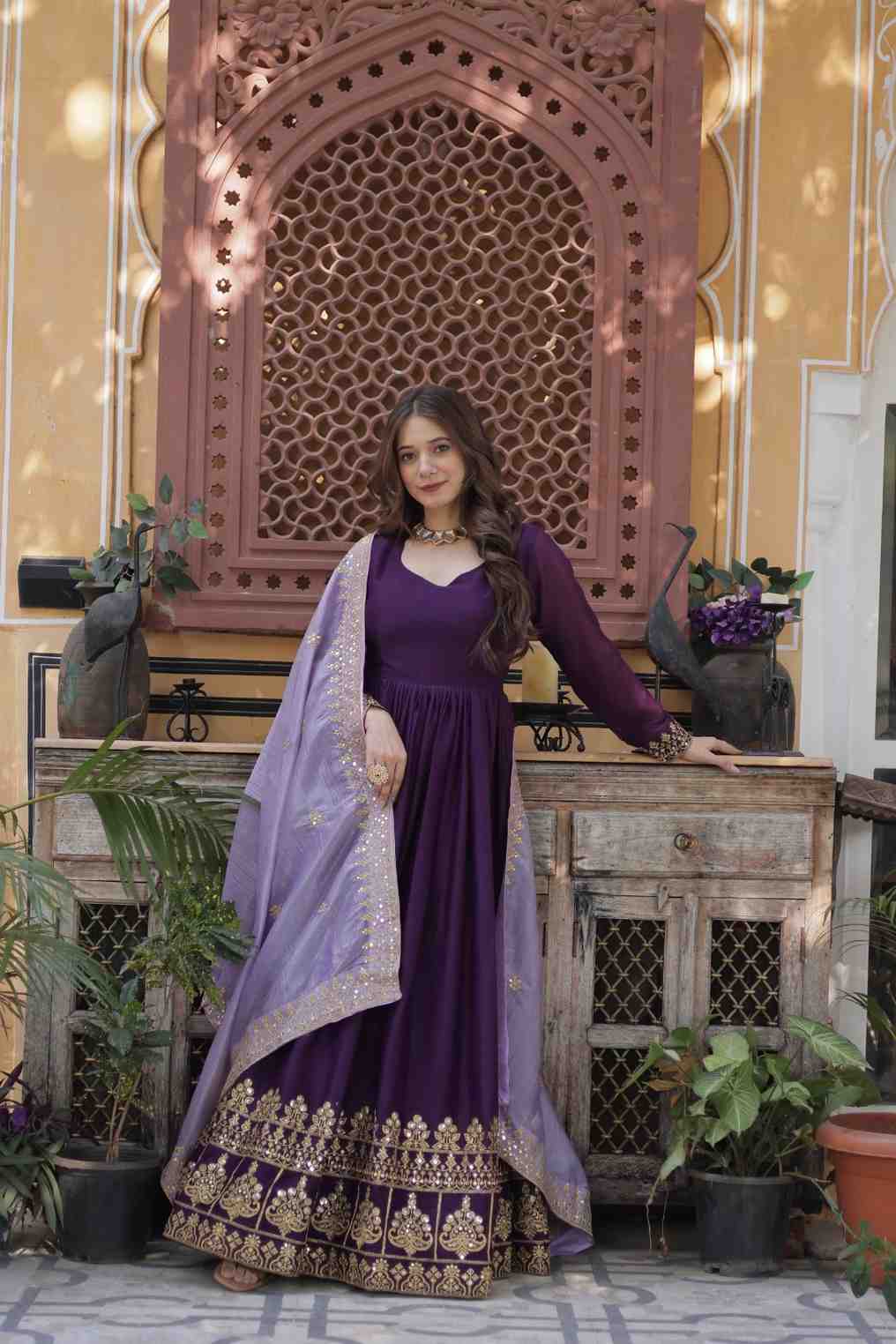 Purple Anarkali Dress with Embroidered Dupatta