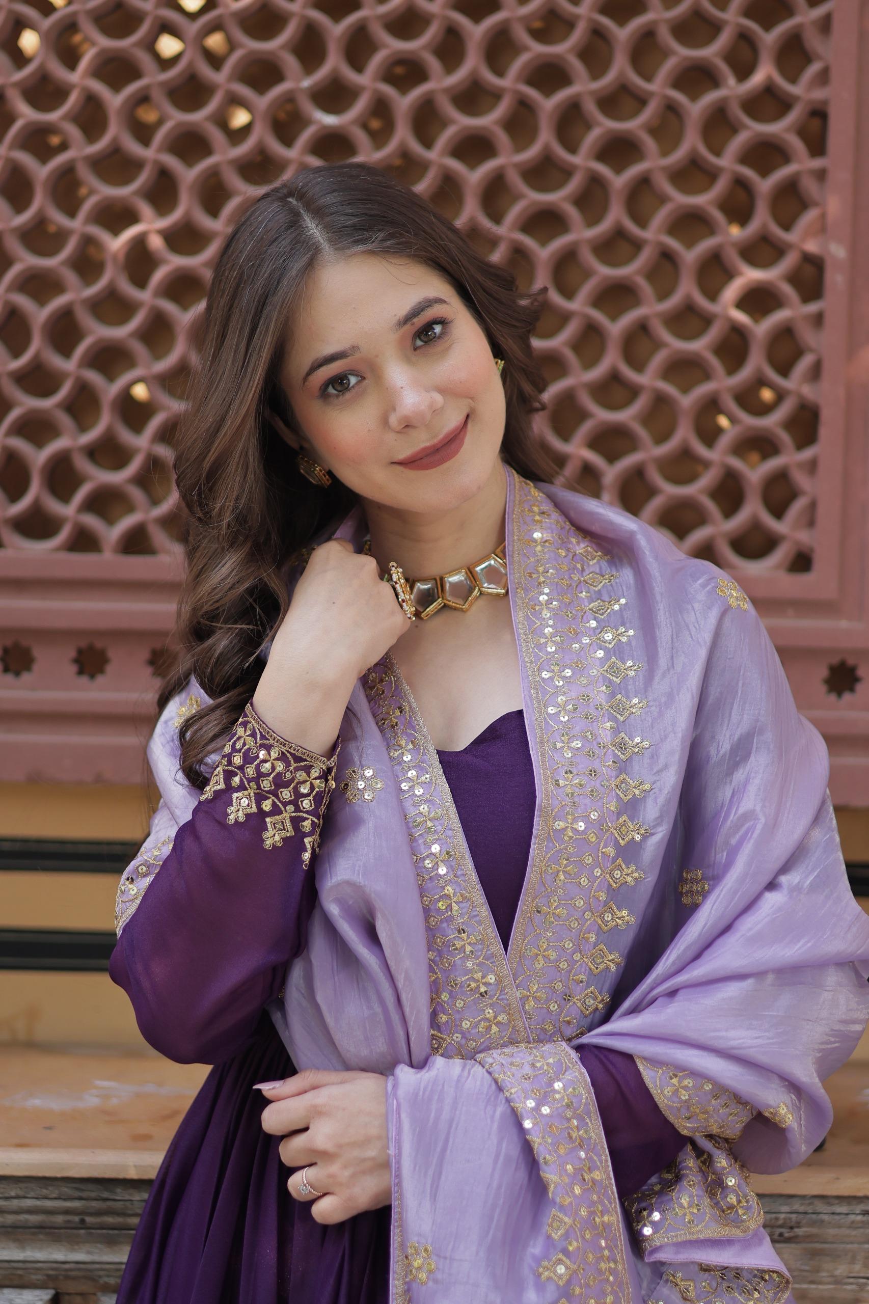 Purple Anarkali Dress with Embroidered Dupatta for Women