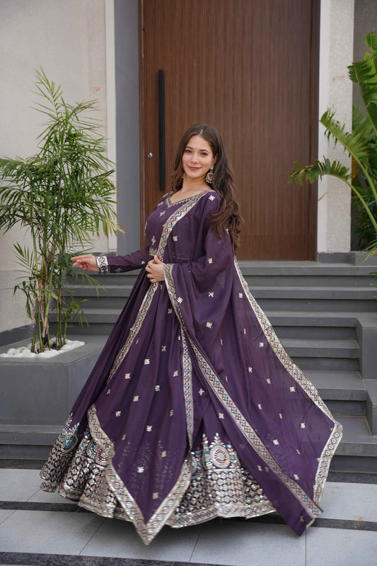 Purple Embroidered Anarkali Gown with Dupatta Set