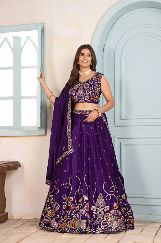 Purple Embroidered Lehenga Choli Set for Wedding