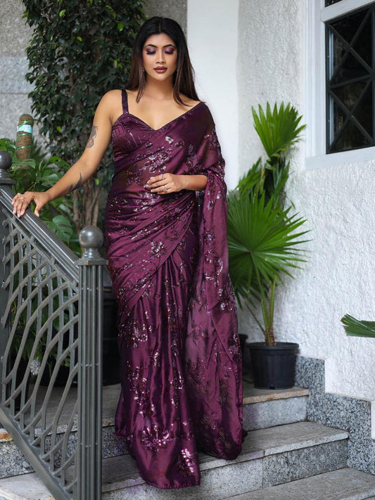 Rangoli Silk Wine Color Saree for Wedding