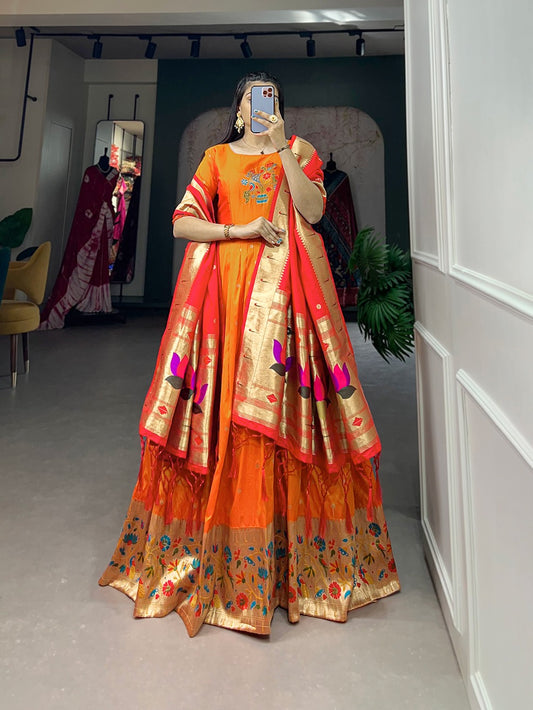 Red Festive Anarkali Gown with Banarasi Silk Dupatta