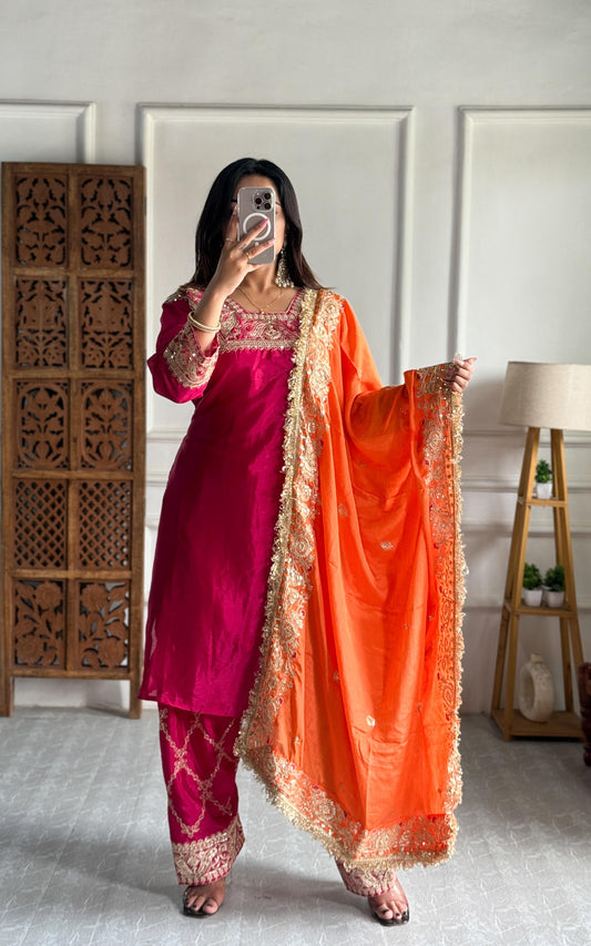 Rich Ethnic Suit Set with Embroidery and Gota Border Dupatta