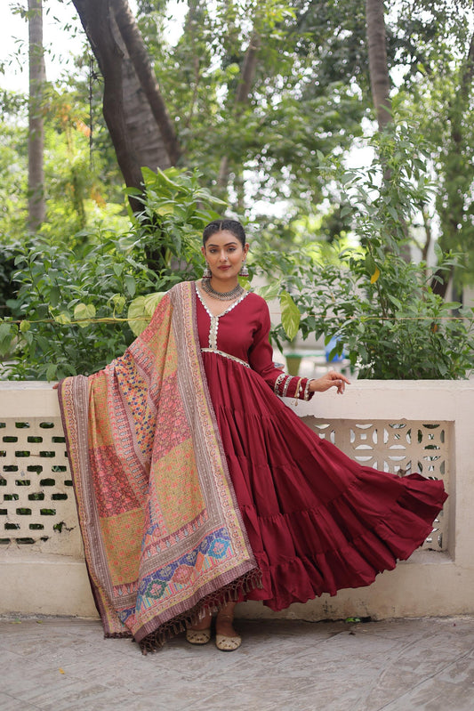 Roman Fabric Gown with Dupatta for Wedding Occasion