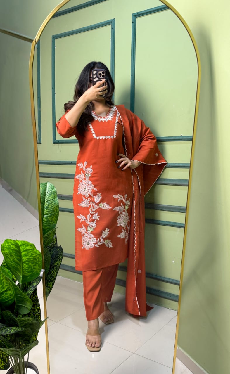 Roman Silk Embroidered Kurti Set with Dupatta
