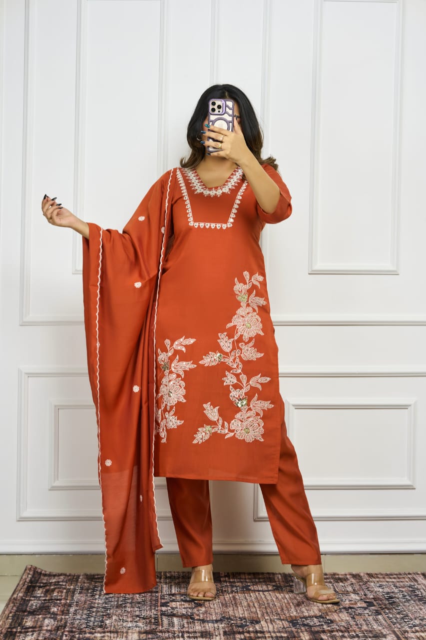 Roman Silk Embroidered Kurti Set with Dupatta
