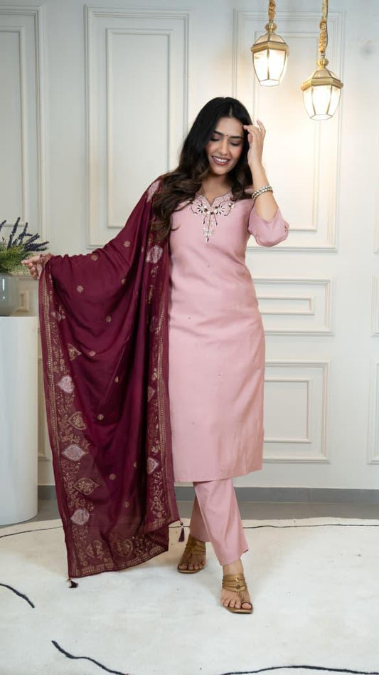 Roman Silk Kurti Pant Dupatta Set with Hand Work