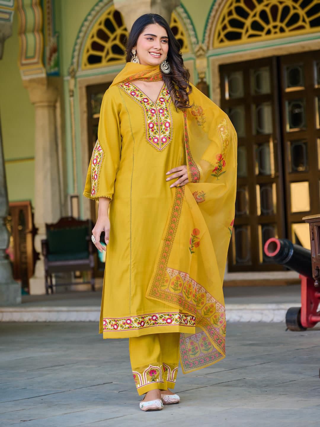 Roman Silk Kurti Pant Set with Printed Organza Dupatta
