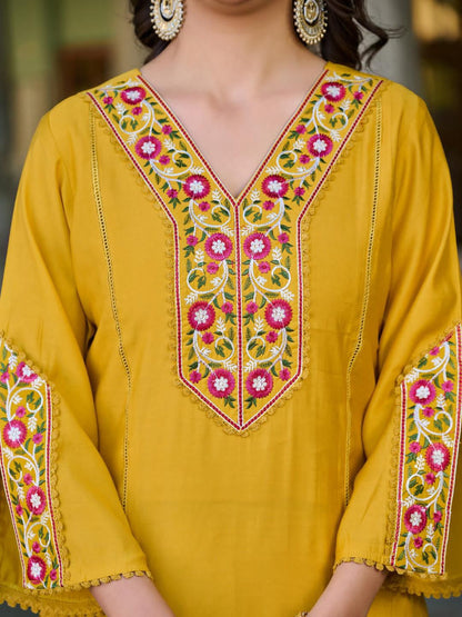 Roman Silk Kurti Pant Set with Printed Organza Dupatta
