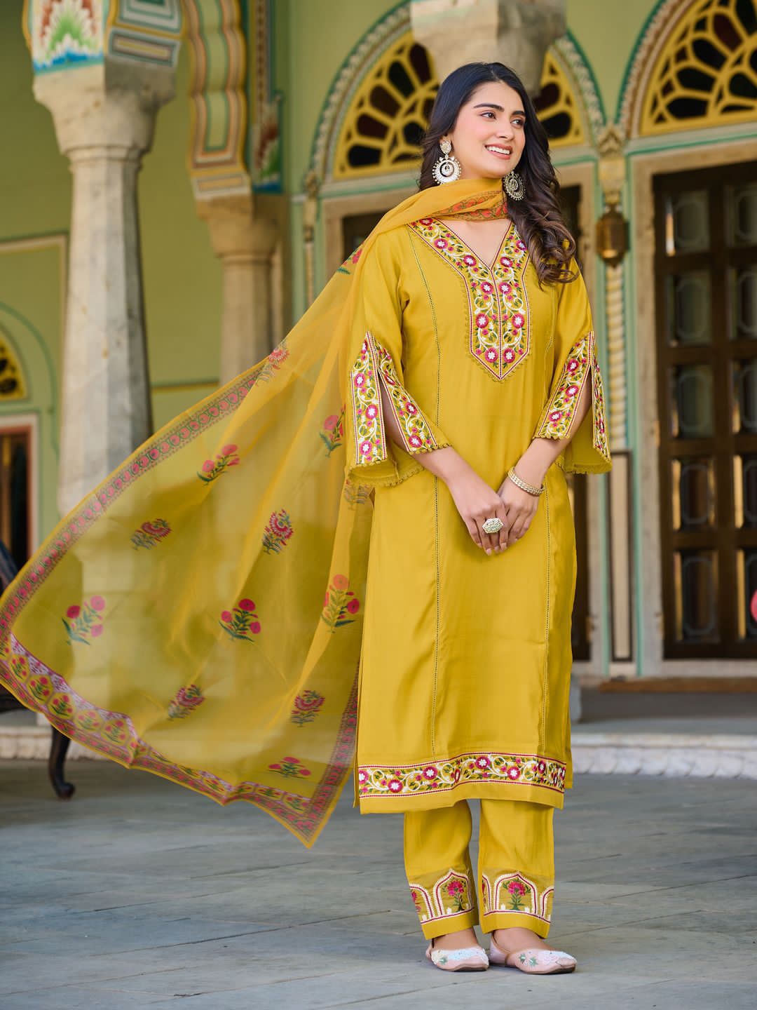 Roman Silk Kurti Pant Set with Printed Organza Dupatta
