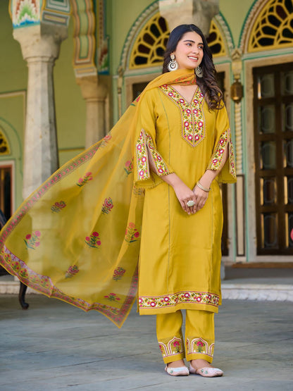 Roman Silk Kurti Pant Set with Printed Organza Dupatta
