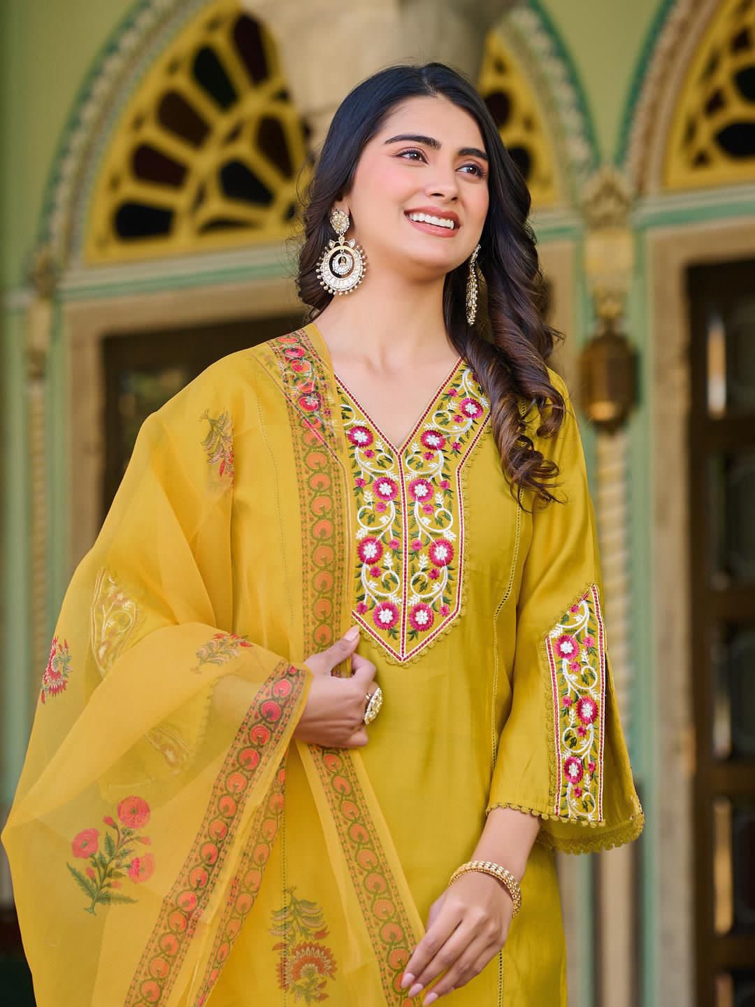 Roman Silk Kurti Pant Set with Printed Organza Dupatta
