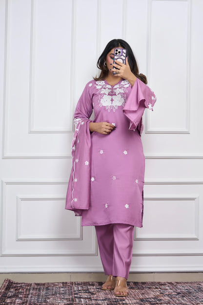 Roman Silk Suit Set with Embroidery and Sequence Dupatta