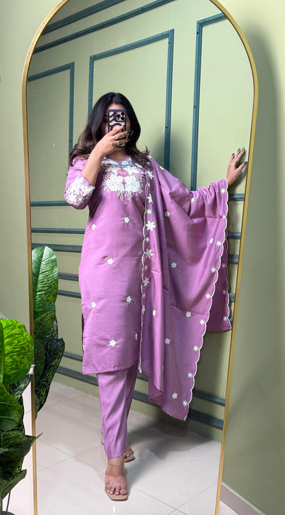 Roman Silk Suit Set with Embroidery and Sequence Dupatta