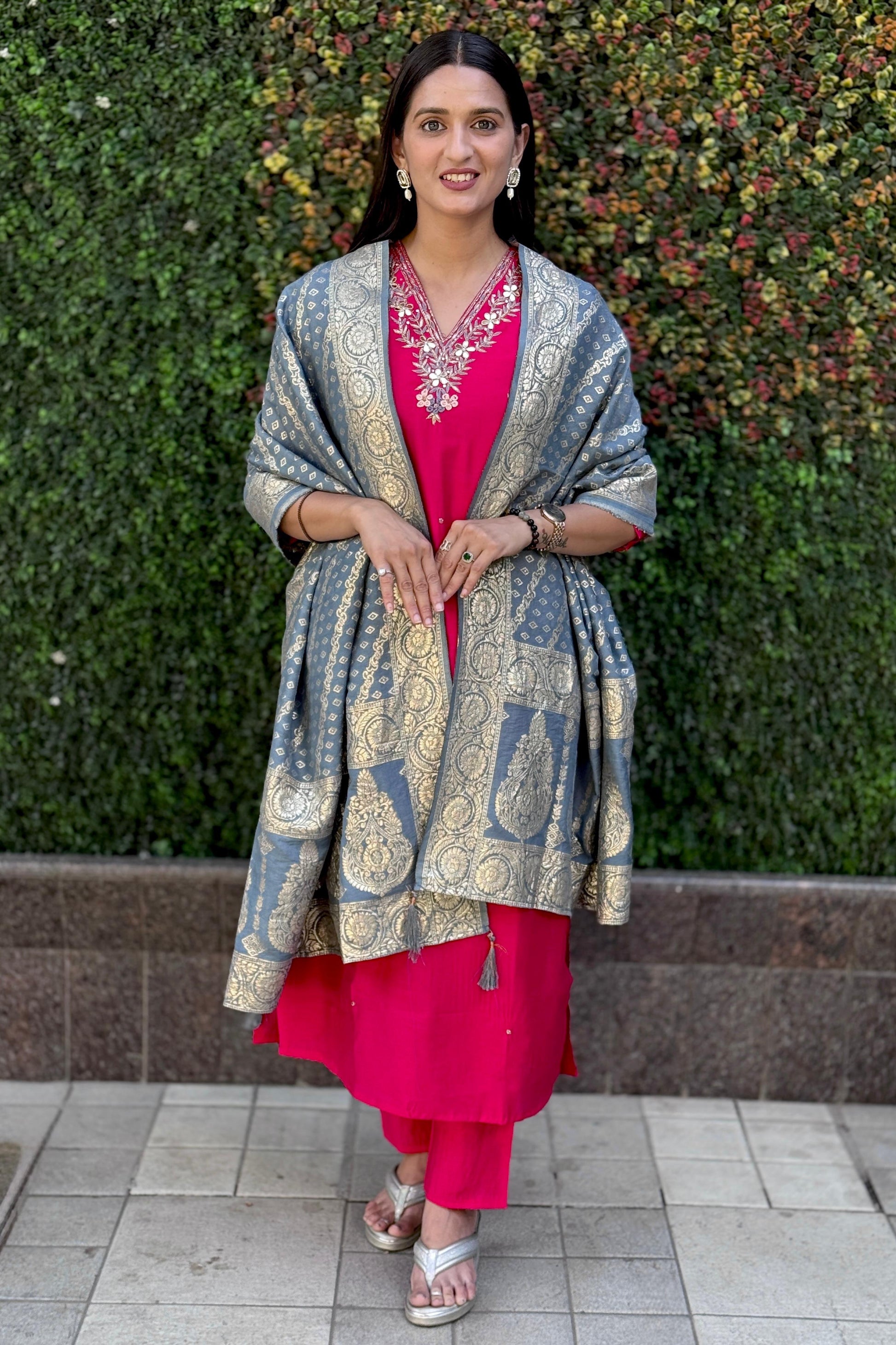 Roman Silk Suit Set with Jacquard Dupatta & Hand Work