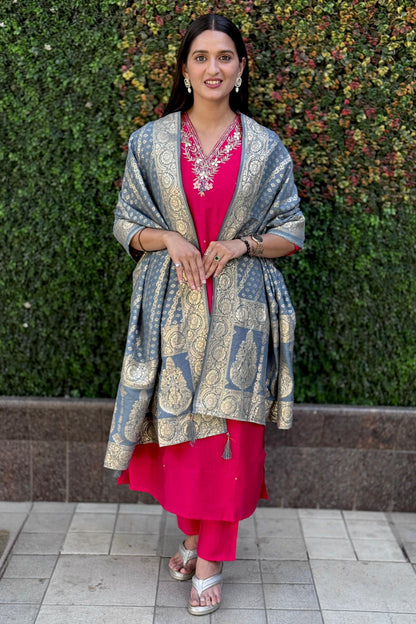 Roman Silk Suit Set with Jacquard Dupatta & Hand Work