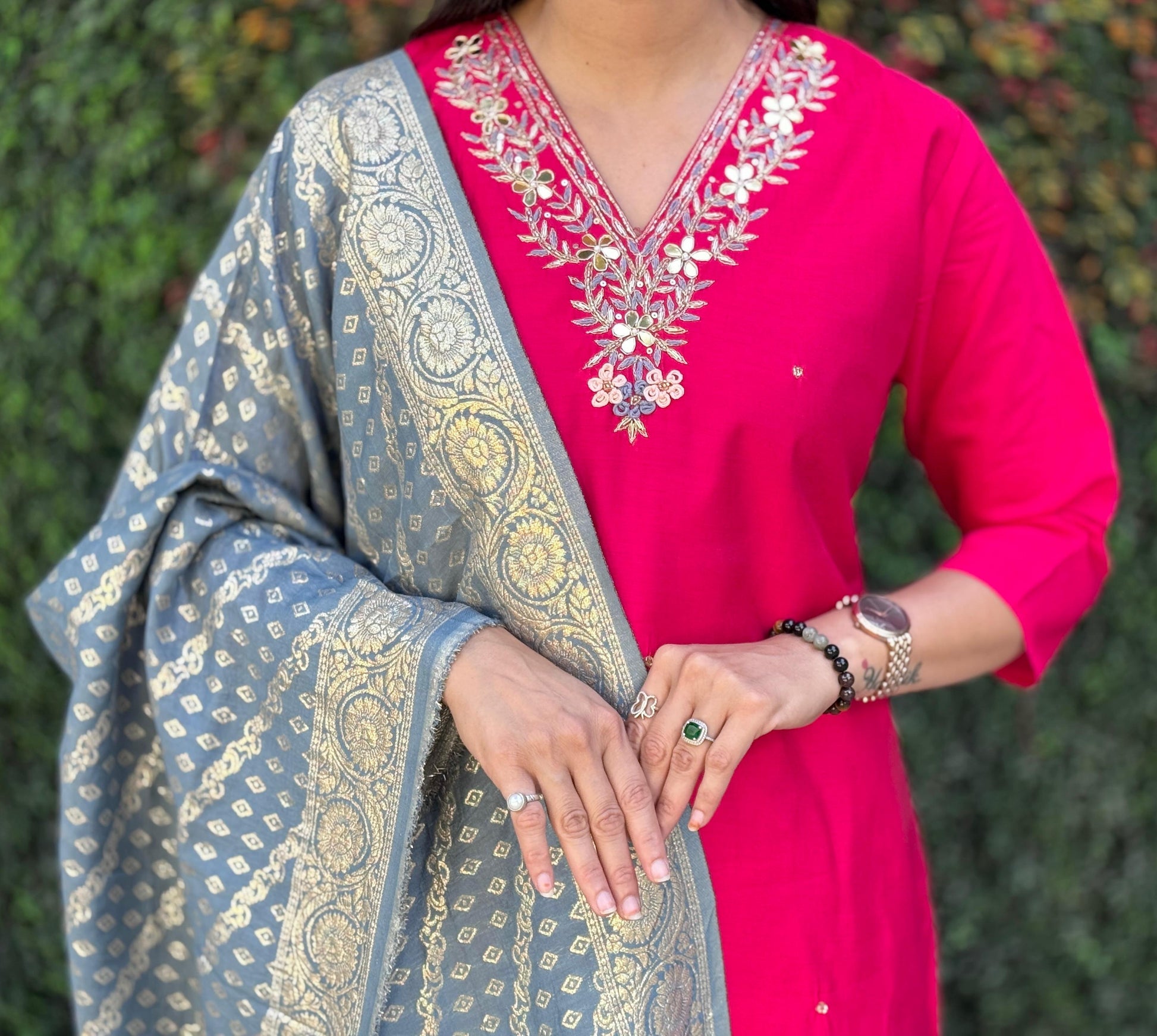 Roman Silk Suit Set with Jacquard Dupatta & Hand Work