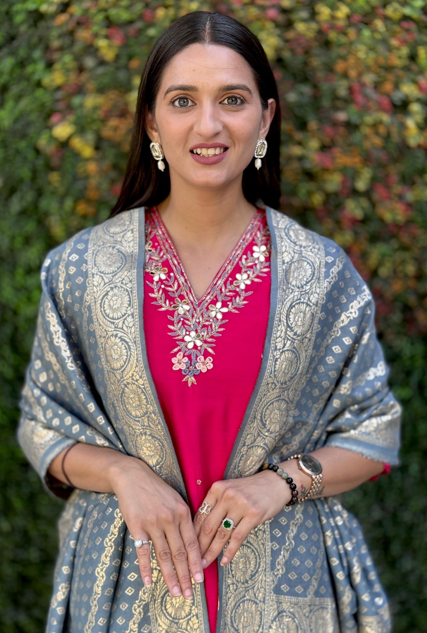 Roman Silk Suit Set with Jacquard Dupatta & Hand Work