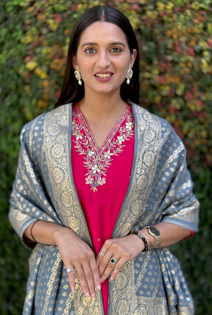 Roman Silk Suit Set with Jacquard Dupatta & Hand Work