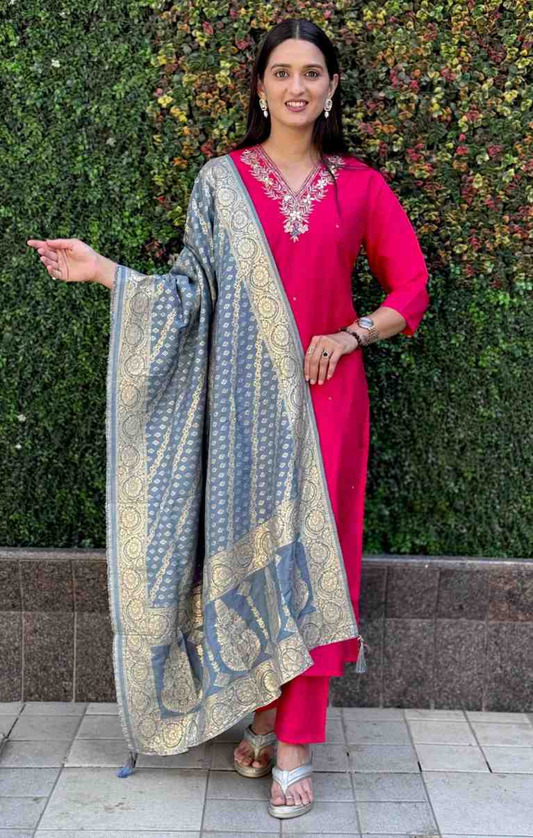 Roman Silk Suit Set with Jacquard Dupatta & Hand Work
